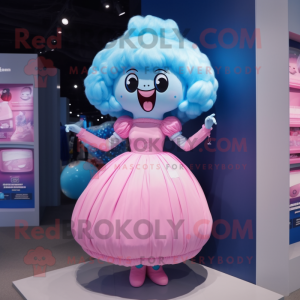 Sky Blue Pink mascot costume character dressed with a Ball Gown and Belts