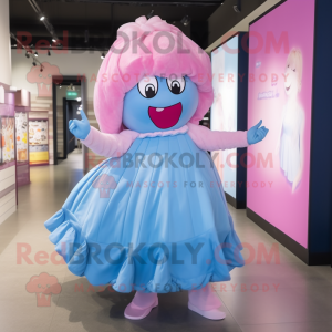 Sky Blue Pink mascot costume character dressed with a Ball Gown and Belts