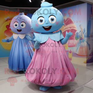 Sky Blue Pink mascot costume character dressed with a Ball Gown and Belts