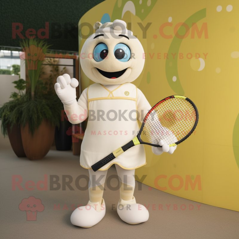 Cream Tennis Racket mascot costume character dressed with a Rash Guard and Clutch bags