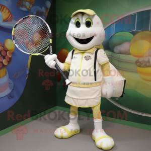 Cream Tennis Racket mascot costume character dressed with a Rash Guard and Clutch bags