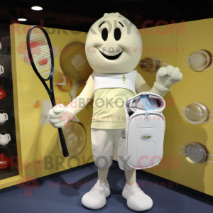 Cream Tennis Racket mascot costume character dressed with a Rash Guard and Clutch bags