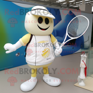 Cream Tennis Racket mascot costume character dressed with a Rash Guard and Clutch bags