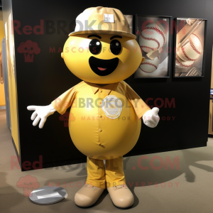 Gold Baseball Ball mascot costume character dressed with a Graphic Tee and Tie pins