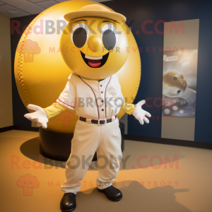 Gold Baseball Ball mascot costume character dressed with a Graphic Tee and Tie pins