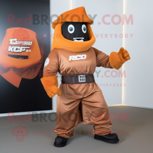 Rust Commando mascot costume character dressed with a Wrap Dress and Brooches
