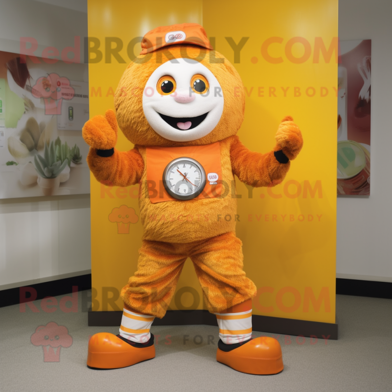 Orange Wrist Watch mascot costume character dressed with a Corduroy Pants and Foot pads