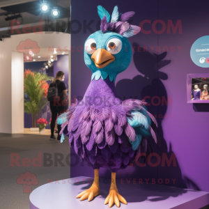 Purple Peacock mascot costume character dressed with a Mini Dress and Suspenders