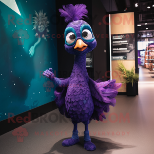 Purple Peacock mascot costume character dressed with a Mini Dress and Suspenders