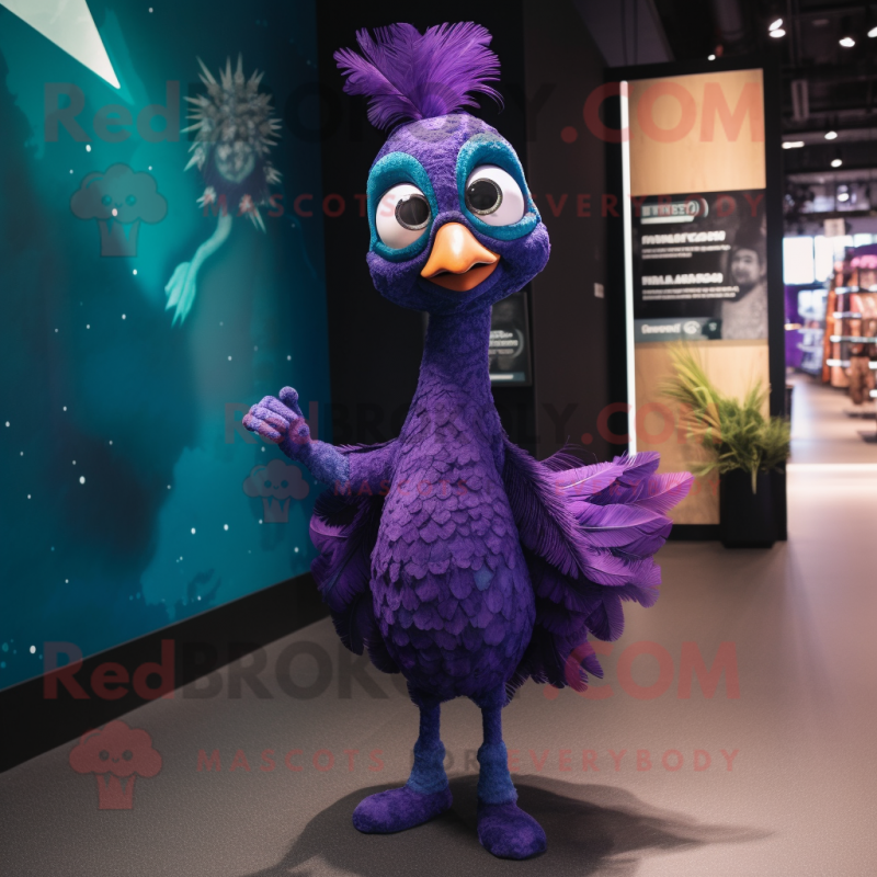 Purple Peacock mascot costume character dressed with a Mini Dress and Suspenders Purple Peacock mascot costume character dressed with a Mini Dress and Suspenders