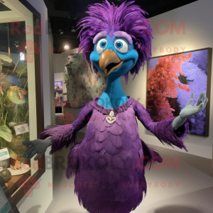 Purple Peacock mascot costume character dressed with a Mini Dress and Suspenders