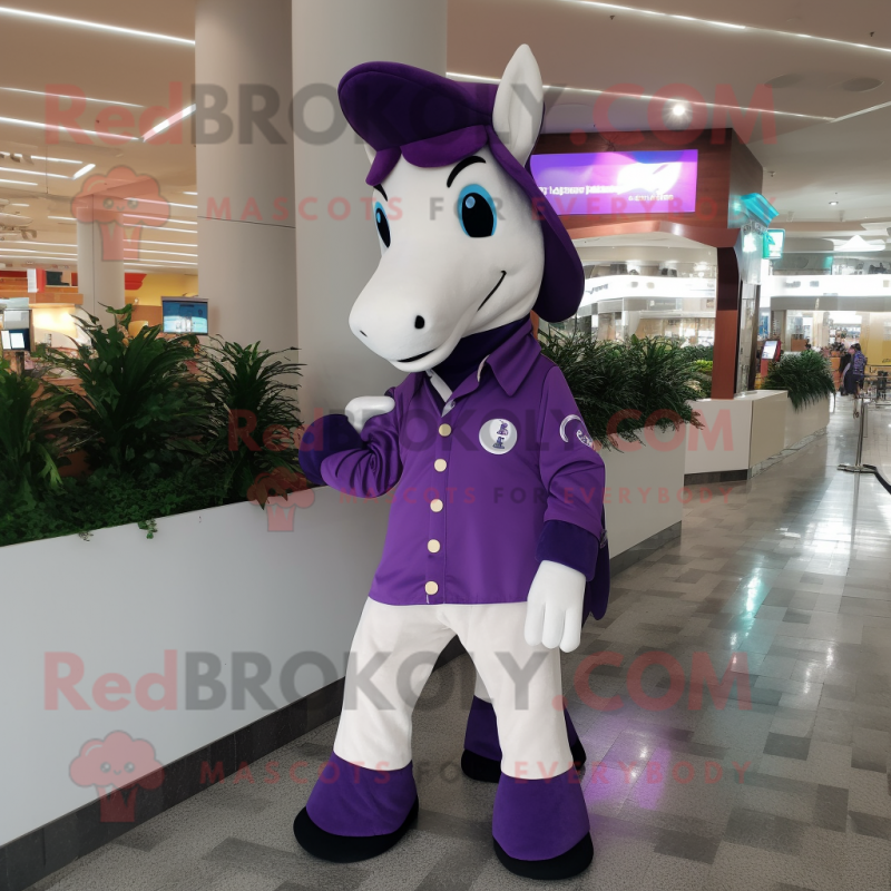 Purple Horseshoe mascot costume character dressed with a Poplin Shirt and Bracelets