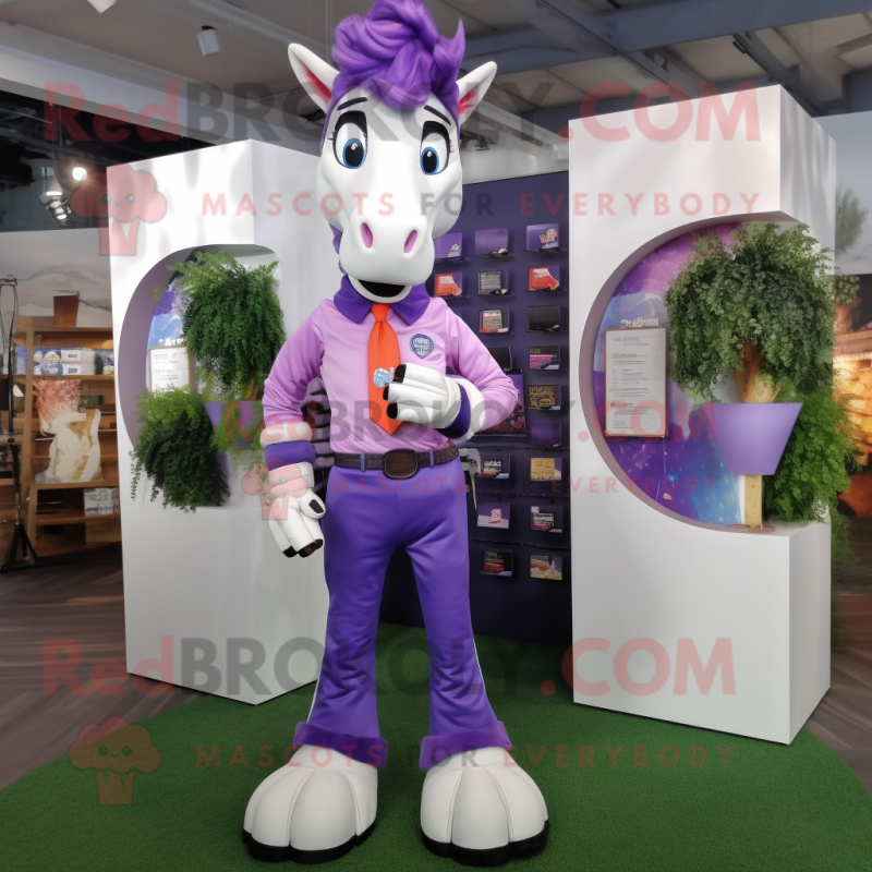 Purple Horseshoe mascot costume character dressed with a Poplin Shirt and Bracelets