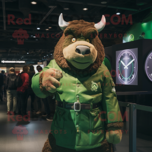 Green Bison mascot costume character dressed with a Jacket and Watches