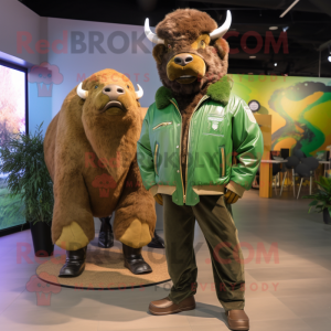 Green Bison mascot costume character dressed with a Jacket and Watches