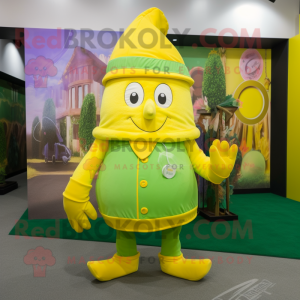 Lemon Yellow Leprechaun Hat mascot costume character dressed with a Romper and Scarves