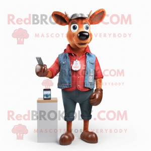 Red Deer mascot costume character dressed with a Denim Shorts and Gloves