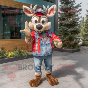 Red Deer mascot costume character dressed with a Denim Shorts and Gloves