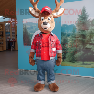 Red Deer mascot costume character dressed with a Denim Shorts and Gloves