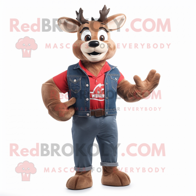 Red Deer mascot costume character dressed with a Denim Shorts and Gloves