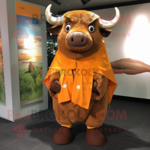 Orange Buffalo mascot costume character dressed with a Cargo Shorts and Shawls