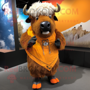 Orange Buffalo mascot costume character dressed with a Cargo Shorts and Shawls