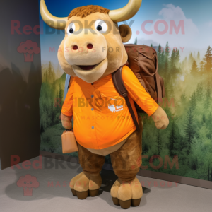 Orange Buffalo mascot costume character dressed with a Cargo Shorts and Shawls