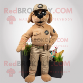 Tan Commando mascot costume character dressed with a Polo Tee and Beanies