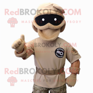 Tan Commando mascot costume character dressed with a Polo Tee and Beanies