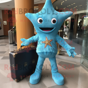 Turquoise Starfish mascot costume character dressed with a Jeans and Briefcases