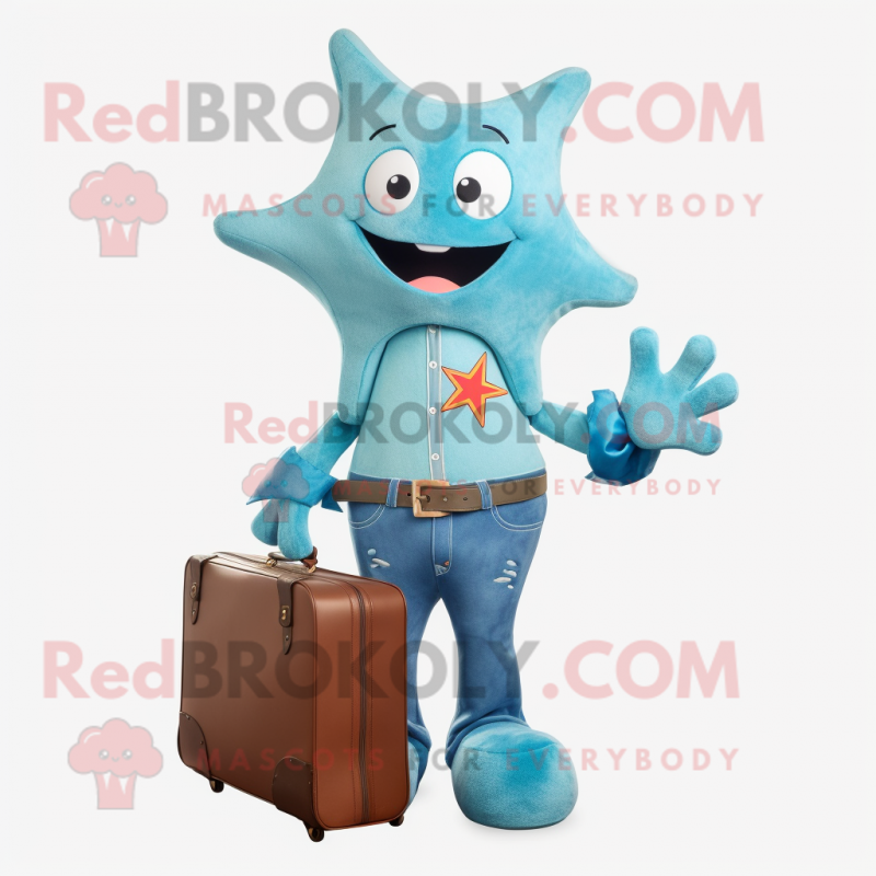 Turquoise Starfish mascot costume character dressed with a Jeans and Briefcases