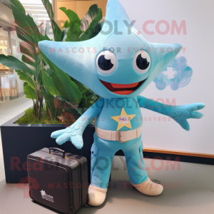 Turquoise Starfish mascot costume character dressed with a Jeans and Briefcases