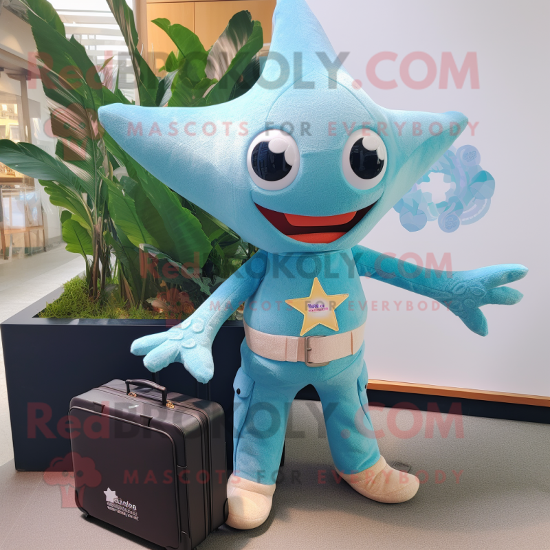Turquoise Starfish mascot costume character dressed with a Jeans and Briefcases Turquoise Starfish mascot costume character dressed with a Jeans and Briefcases