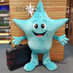Turquoise Starfish mascot costume character dressed with a Jeans and Briefcases
