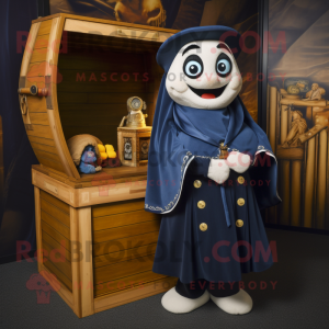 Navy Treasure Chest mascot costume character dressed with a Wrap Dress and Mittens