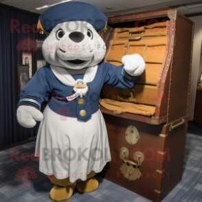 Navy Treasure Chest mascot costume character dressed with a Wrap Dress and Mittens
