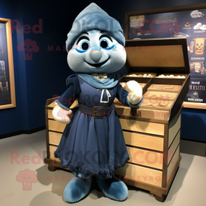 Navy Treasure Chest mascot costume character dressed with a Wrap Dress and Mittens