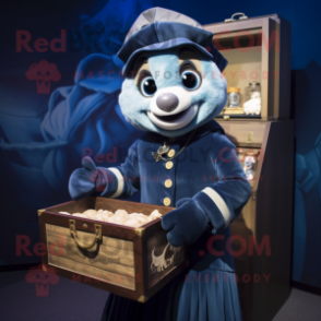 Navy Treasure Chest mascot costume character dressed with a Wrap Dress and Mittens