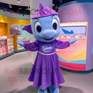 Purple Dolphin mascot costume character dressed with a Dress and Headbands