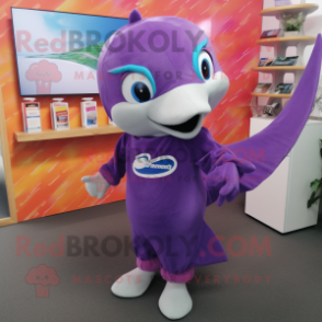 Purple Dolphin mascot costume character dressed with a Dress and Headbands