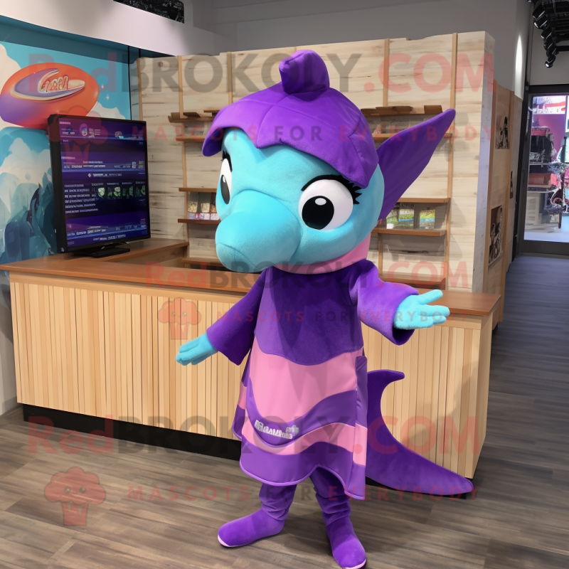 Purple Dolphin mascot costume character dressed with a Dress and Headbands