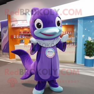 Purple Dolphin mascot costume character dressed with a Dress and Headbands