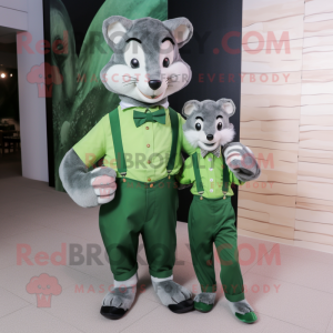Green Badger mascot costume character dressed with a Mom Jeans and Bow ties