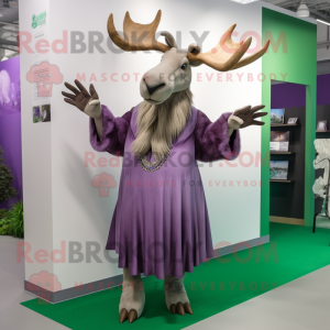 Lavender Irish Elk mascot costume character dressed with a Maxi Skirt and Gloves