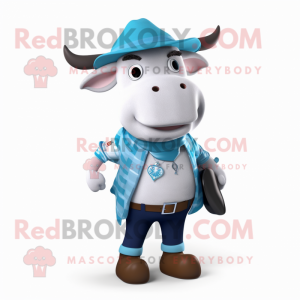 Cyan Hereford Cow mascot costume character dressed with a Culottes and Pocket squares