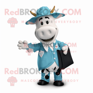 Cyan Hereford Cow mascot costume character dressed with a Culottes and Pocket squares
