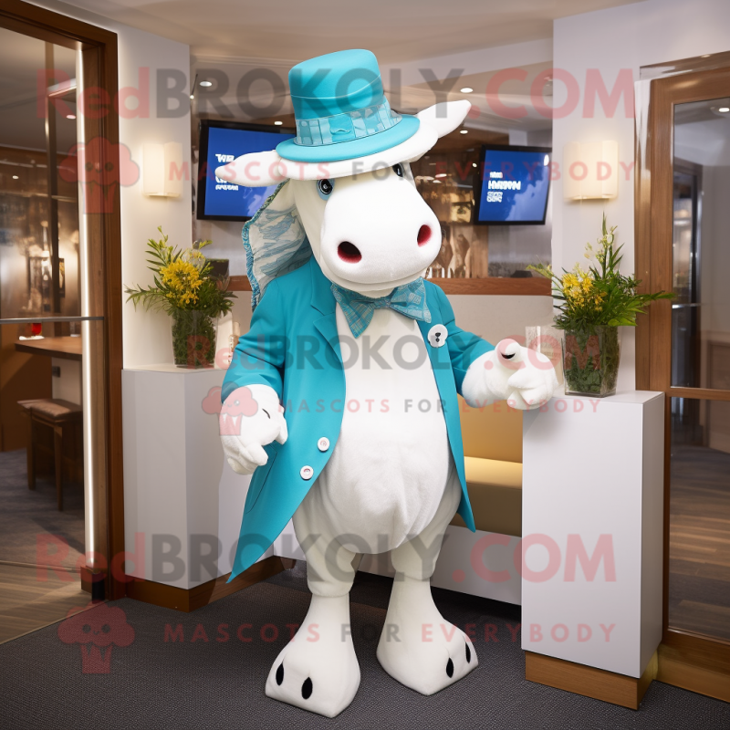 Cyan Hereford Cow mascot costume character dressed with a Culottes and Pocket squares