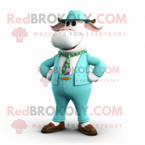 Cyan Hereford Cow mascot costume character dressed with a Culottes and Pocket squares