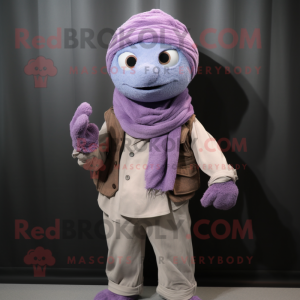 Lavender Momentum mascot costume character dressed with a Corduroy Pants and Scarves
