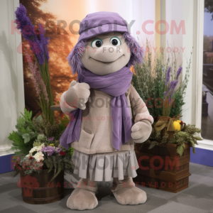 Lavender Momentum mascot costume character dressed with a Corduroy Pants and Scarves